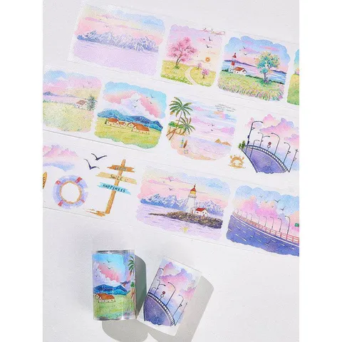 Decoratieve Washi En PET Tape Rol Gestanste Plakboek Tape Esthetische Landschap Kantoorbenodigdheden Voor Dagboek