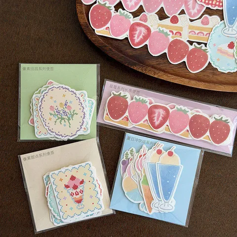 Schattige Pixel Dessert Aardbei Thema Gestanste Sticky Notes Notitieblok Kantoorbenodigdheden