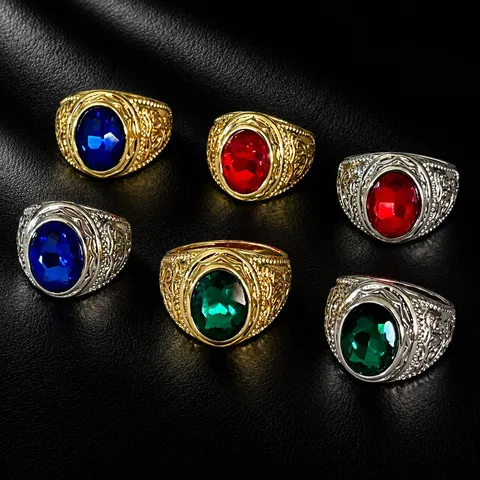 Vintage Hip Hop Oval Strass Eingelegt Geschnitzte Breite Ring Für Herren Kupfer Galvanisiert Personalisierte Fingerring Gold Silber Schmuck