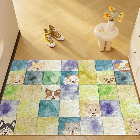 Cartoon Animal PVC Door Mat Anti-slip Dirt-resistant Welcome Rug Watercolor Checkered Cat Dog Pattern Entrance Floor Mat For Home Hallway
