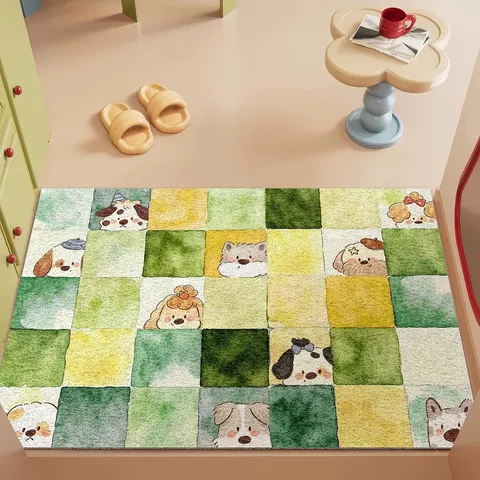 Cartoon Animal PVC Door Mat Anti-slip Dirt-resistant Welcome Rug Watercolor Checkered Cat Dog Pattern Entrance Floor Mat For Home Hallway