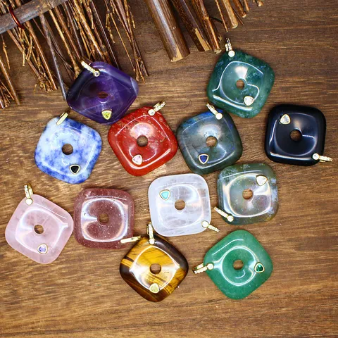 Natural Stone Square Peace Buckle Pendant Rhinestone Inlaid Crystal Agate Literary Retro Style Jewelry Gifts For Women