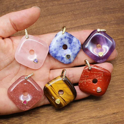 Natural Stone Square Peace Buckle Pendant Rhinestone Inlaid Crystal Agate Literary Retro Style Jewelry Gifts For Women