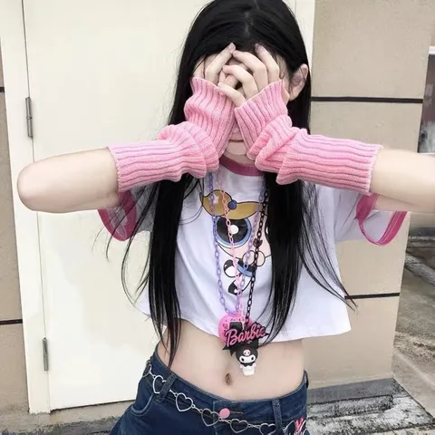 Japanese Harajuku Knit Arm Warmers Fingerless Gloves Striped Solid Long Sleeves Sun Protection Fashion Accessories Women