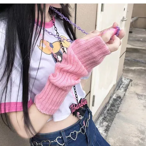 Japanese Harajuku Knit Arm Warmers Fingerless Gloves Striped Solid Long Sleeves Sun Protection Fashion Accessories Women
