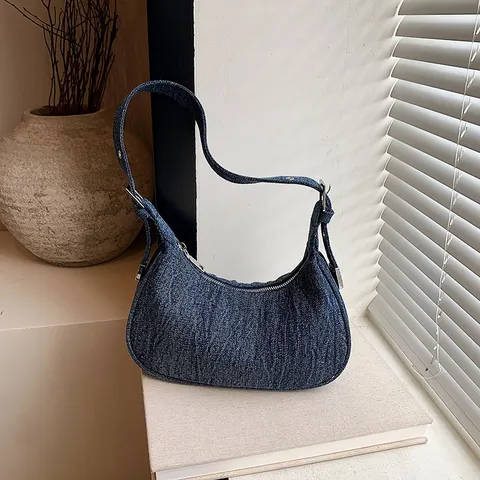 Women Denim Underarm Bag Vintage Washed Hobo Shoulder Bag Casual Daily Crescent Dumpling Bag Fashion Handbag