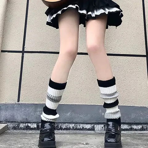 Jambières en Tricot Rayées Noir Blanc Gris Style Japonais Y2K Lolita Chaussettes Slouch Hiver Chaud Longues Housses de Jambes Mode Femmes