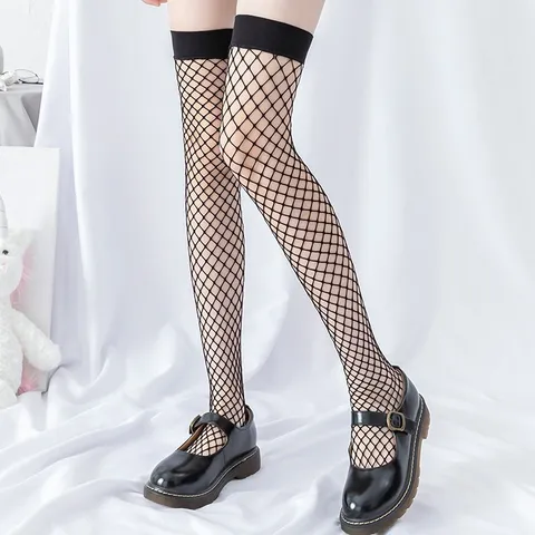 Women Sexy Mesh Fishnet Stockings Over Knee High Thigh High Socks Breathable Solid Color Fashion Hosiery