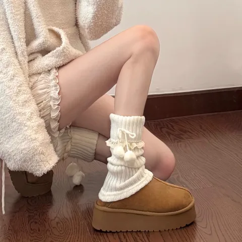 Women Winter Knit Leg Warmers Sweet Lolita Style Lace Pom Pom Boot Cuffs Warm Crochet Slouch Socks Fashion Accessories