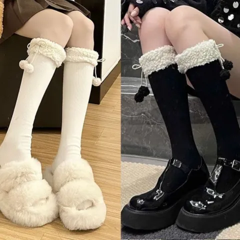 Women Japanese Fleece Lined Thickened Over The Knee Socks Winter Warm Pom Pom Knit Stockings