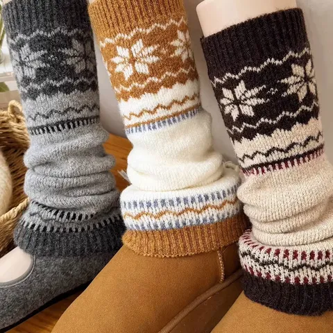Women Fair Isle Knit Leg Warmers Winter Warm Boot Cuffs Vintage Snowflake Pattern Acrylic Fashion Thermal Socks