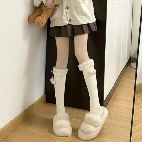 Women Japanese Fleece Lined Thickened Over The Knee Socks Winter Warm Pom Pom Knit Stockings