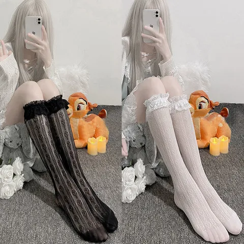 Women's Sweet Lolita Lace Mid Tube Socks Japanese JK Cute Heart Camellia Bow Hollow Out Breathable Summer Hosiery