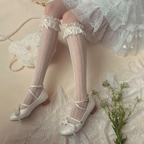 Women's Sweet Lolita Lace Mid Tube Socks Japanese JK Cute Heart Camellia Bow Hollow Out Breathable Summer Hosiery