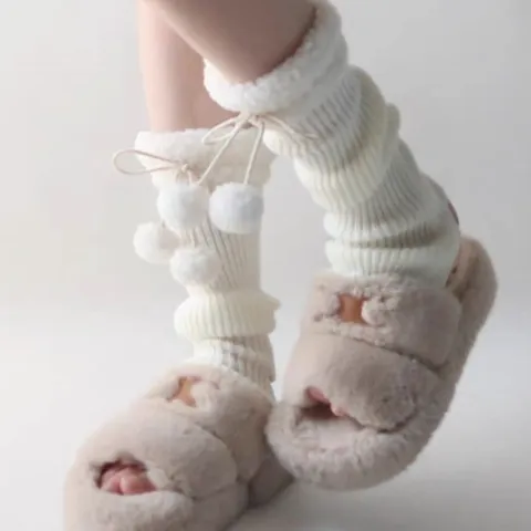 Women Winter Warm Lamb Wool Knitted Leg Warmers Cute Pom Pom Slouchy Calf Socks