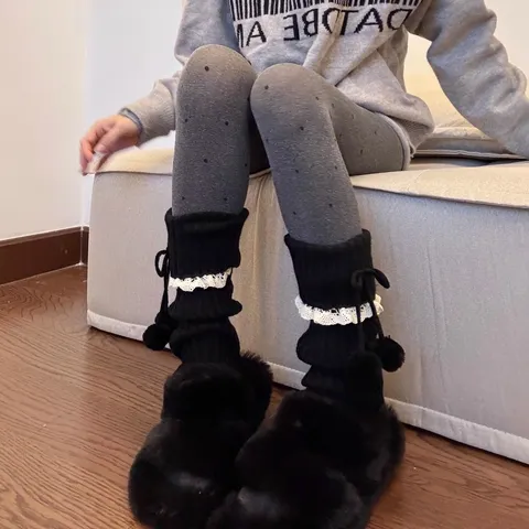Women Winter Knit Leg Warmers Sweet Lolita Style Lace Pom Pom Boot Cuffs Warm Crochet Slouch Socks Fashion Accessories