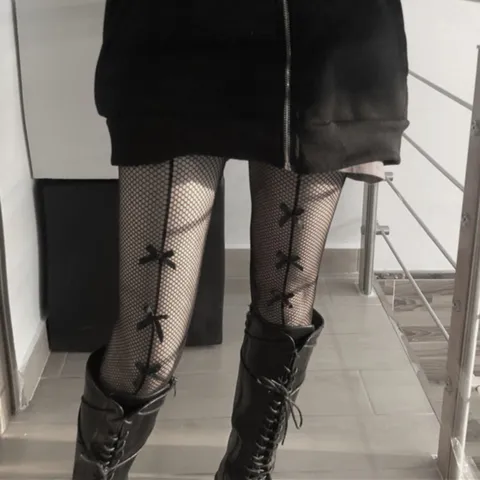 Women's Sexy Black White Fishnet Pantyhose Japanese Cute Bow Lace Tights Gothic Lolita Stockings