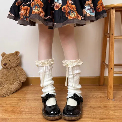 Japanese Sweet Lolita Bowknot Lace Trim Leg Warmers Women Cute Knit Slouch Socks Boot Cuffs Kawaii Accessories