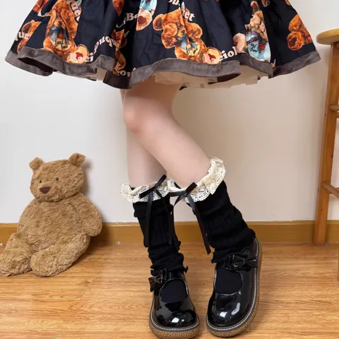 Japanese Sweet Lolita Bowknot Lace Trim Leg Warmers Women Cute Knit Slouch Socks Boot Cuffs Kawaii Accessories