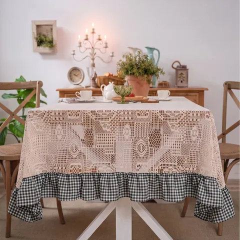 Pastoral Crochet Hollow Tablecloth Rectangular Plaid Ruffle Table Cloth Vintage Lace Splicing Home Dining Table Cover Decor