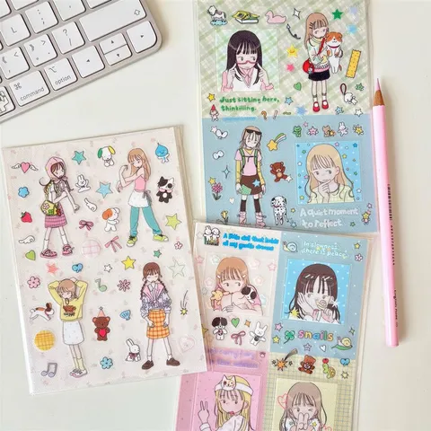 Cute Girl Decorative Sticker Washi Paper Bullet Journal Scrapbook Supplies Aesthetic Cartoon Illustration Stickers Set
