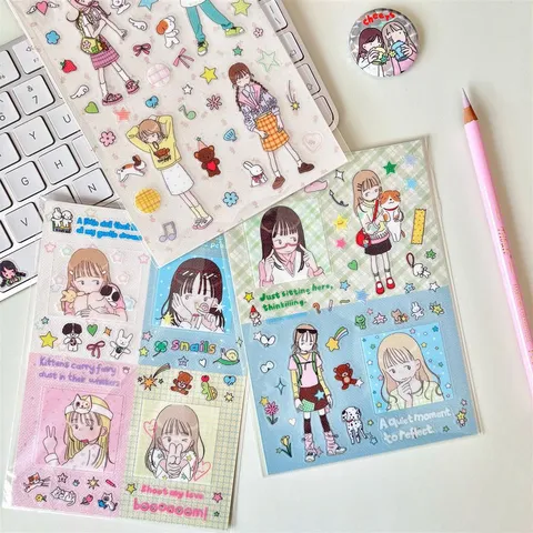 Cute Girl Decorative Sticker Washi Paper Bullet Journal Scrapbook Supplies Aesthetic Cartoon Illustration Stickers Set