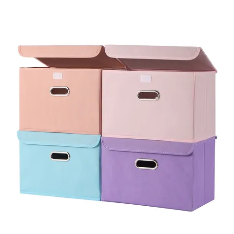 Foldable Fabric Storage Box With Lid And Metal Handle Lidded Storage Container For Clothes Toys Household Organization