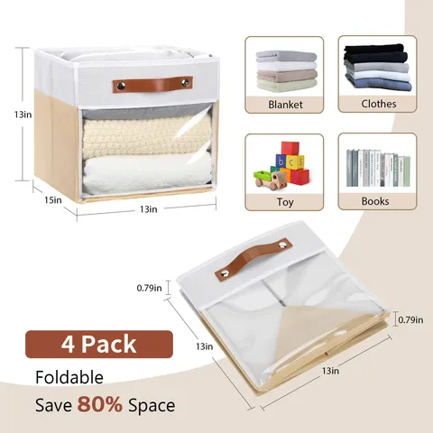 Scatola di Immagazzinamento in Tessuto Pieghevole Con Finestra Trasparente e Manico in Pelle Contenitore Organizer per Vestiti per Armadio Casa