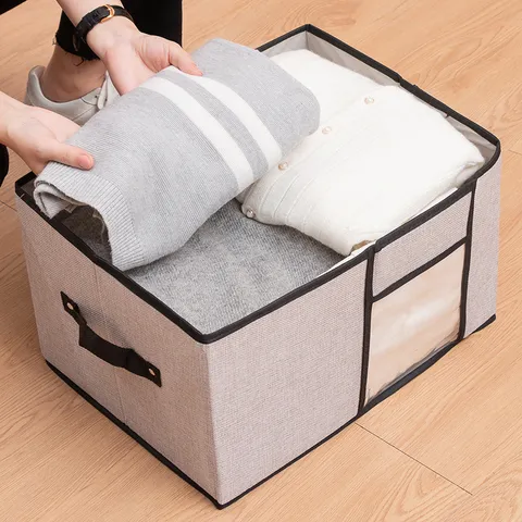 Scatola di Immagazzinaggio Pieghevole in Tessuto Cotone e Lino Grande Capacità Organizer per Vestiti Con Finestra Trasparente e Telaio Robusto