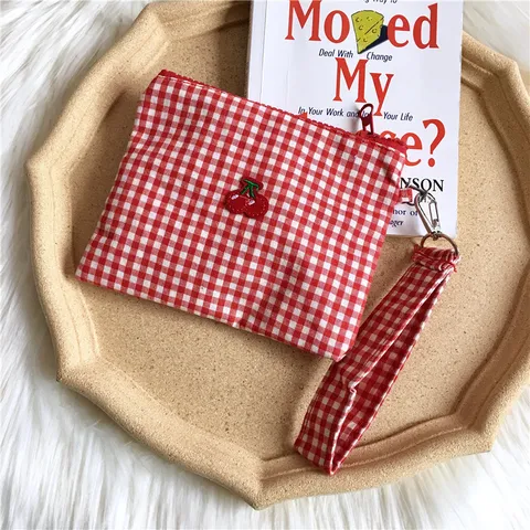 Red White Plaid Canvas Makeup Bag Cherry Embroidered Portable Cosmetic Pouch Travel Storage Organizer For Women