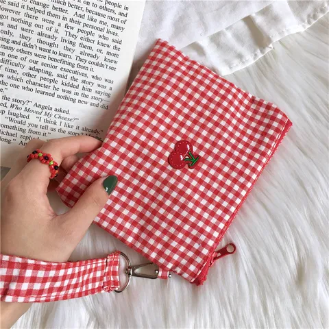 Red White Plaid Canvas Makeup Bag Cherry Embroidered Portable Cosmetic Pouch Travel Storage Organizer For Women