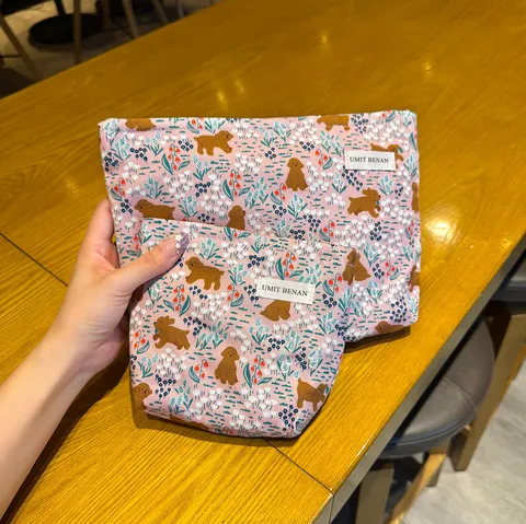 Korean Style Cute Puppy Floral Canvas Makeup Bag Large Capacity Portable Travel Toiletry Organizer Storage Pouch
