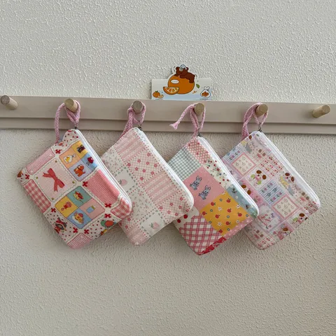 Portable Cotton Canvas Coin Purse Cartoon Floral Plaid Print Mini Cosmetic Bag Cute Student Lipstick Storage Pouch