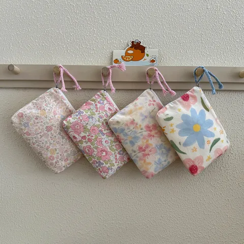 Cute Floral Printed Cotton Mini Coin Purse Portable Zipper Pouch Makeup Lipstick Holder Wallet For Women