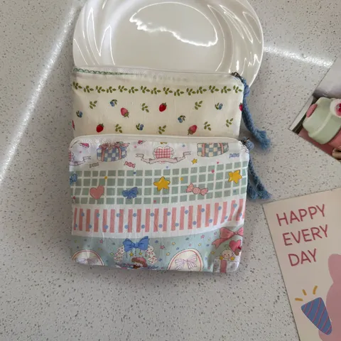 Portable Cotton Canvas Coin Purse Cartoon Floral Plaid Print Mini Cosmetic Bag Cute Student Lipstick Storage Pouch