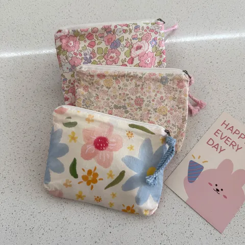 Cute Floral Printed Cotton Mini Coin Purse Portable Zipper Pouch Makeup Lipstick Holder Wallet For Women