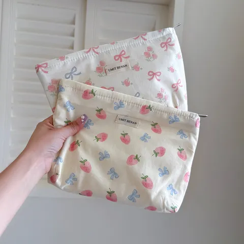 Portable Large Capacity Canvas Cosmetic Bag Cute Bow Print Travel Wash Bag Multi-Function Makeup Storage Pouch For Women