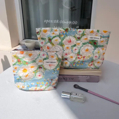 Large Capacity Oil Painting Floral Print Makeup Bag Women Portable Travel Canvas Cosmetic Storage Pouch Clutch