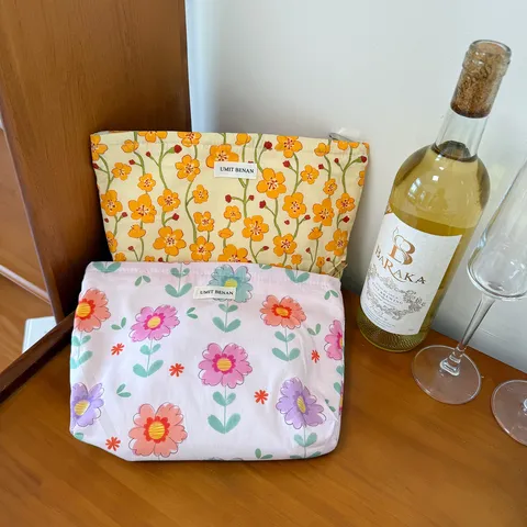 Floral Print Cotton Fabric Cosmetic Bag Literary Fresh Zipper Makeup Pouch Portable Toiletry Organizer For Women