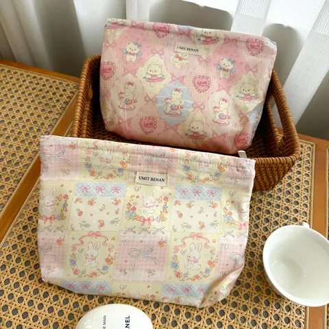 Pastel Grid Rabbit Cartoon Print Cosmetic Bag Cute Travel Toiletry Organizer Waterproof Zipper Makeup Pouch Handbag