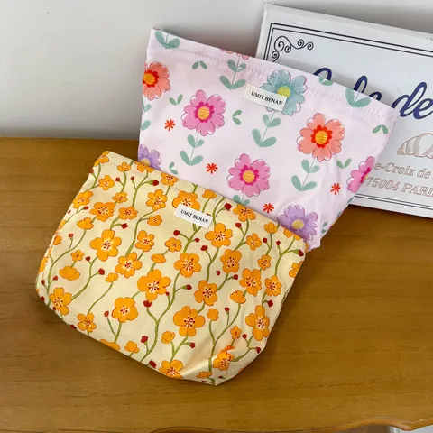 Floral Print Cotton Fabric Cosmetic Bag Literary Fresh Zipper Makeup Pouch Portable Toiletry Organizer For Women