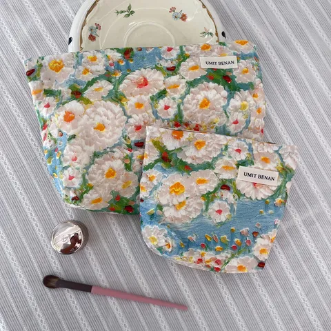 Large Capacity Oil Painting Floral Print Makeup Bag Women Portable Travel Canvas Cosmetic Storage Pouch Clutch