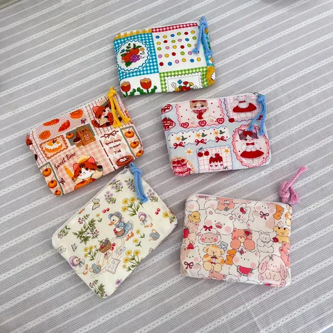 Cute Cartoon Canvas Coin Purse Portable Cosmetic Bag Multi-functional Storage Pouch Cute Animal Fruit Print Makeup Bag For Women