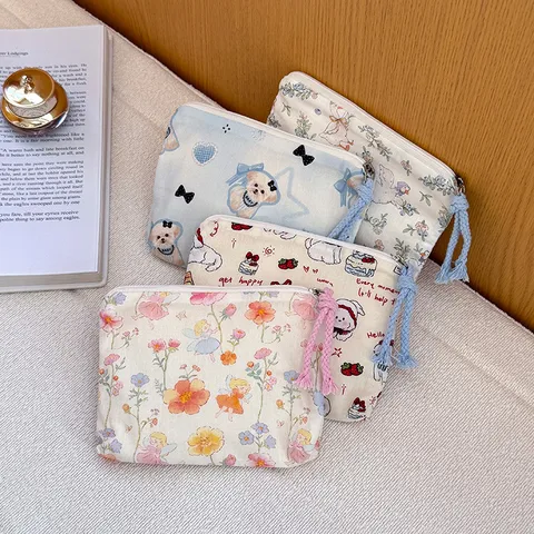 Cute Mini Canvas Coin Purse Portable Lipstick Storage Bag Cartoon Animal Print Cosmetic Pouch Women Small Sundries Organizer
