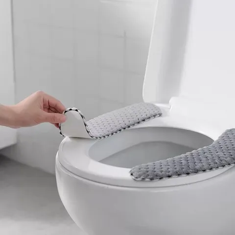 Cojín de Asiento de Inodoro de Flanela Impermeable para Hogar Invierno Cálido Adhesivo Cubierta de Tapa de Inodoro Lavable Alfombrilla de Baño
