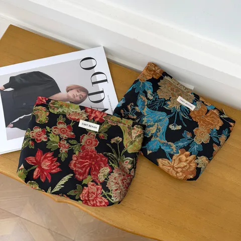 Vintage Floral Jacquard Makeup Bag Women Retro Woven Zipper Clutch Travel Toiletry Pouch Portable Cosmetic Storage