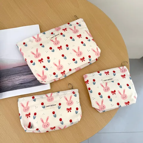 Women Cartoon Rabbit Tulip Print Canvas Makeup Bag Large Capacity Travel Toiletry Organizer Portable Storage Pouch