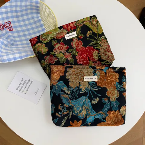 Vintage Floral Jacquard Makeup Bag Women Retro Woven Zipper Clutch Travel Toiletry Pouch Portable Cosmetic Storage