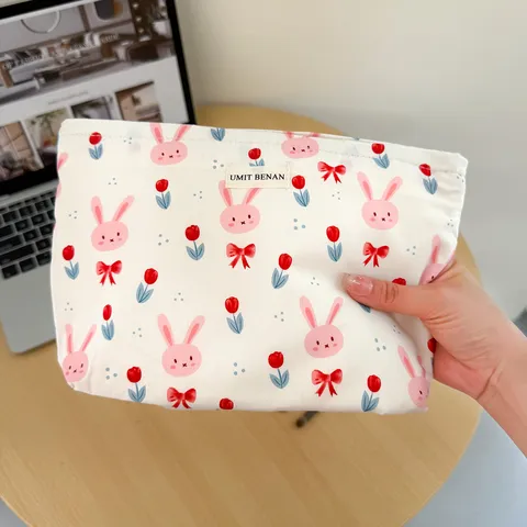 Women Cartoon Rabbit Tulip Print Canvas Makeup Bag Large Capacity Travel Toiletry Organizer Portable Storage Pouch