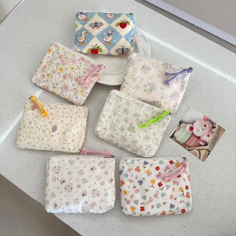 Fresh Floral Print Canvas Coin Purse Portable Zipper Makeup Pouch Small Storage Bag For Women